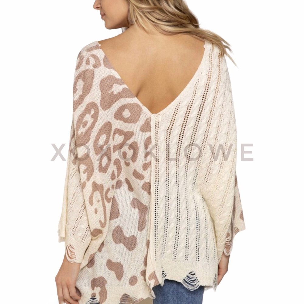 1 M LEFT POL Mixed Fabric Leopard Print & Knit Sweater Top - Picture 2 of 7